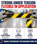Knockout Black And Yellow Hazard Stripe Tape For Floor Marking in hand, showcasing 6 mil PVC vinyl, flexible application in workspace.