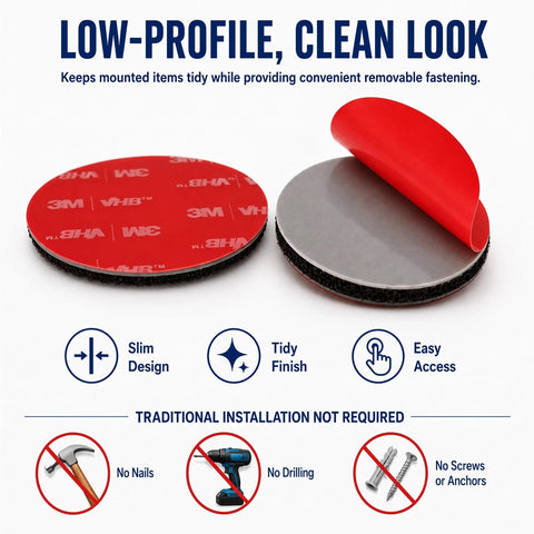 Heavy Duty Hook And Loop Fasteners With 3M Adhesive Backing for strong stick grip, showing low-profile circular design for easy use.