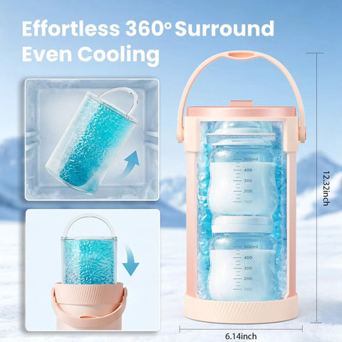 Portable Breast Milk Storage Bottle Smart Temperature Display 20 Oz Insulated Chiller Pink with cooling gel and measurement marks