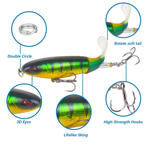 Green and yellow Whopper Bass Topwater Lure Kit with floating rotating tail and barb treble hooks for saltwater and freshwater.