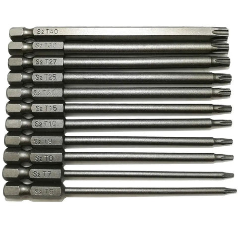 Long Torx Security Driver Bit Set One Quarter Inch Hex Shank 100mm Length T6 Through T40 11 Piece S2 Steel Torx Bits For Drill And Driver Pro Grade Great For Pros And Enthusiasts