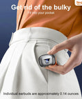 Person placing Wireless Earbuds With LED Power Display All Day Playtime 50 Hours in pocket, showcasing compact design.