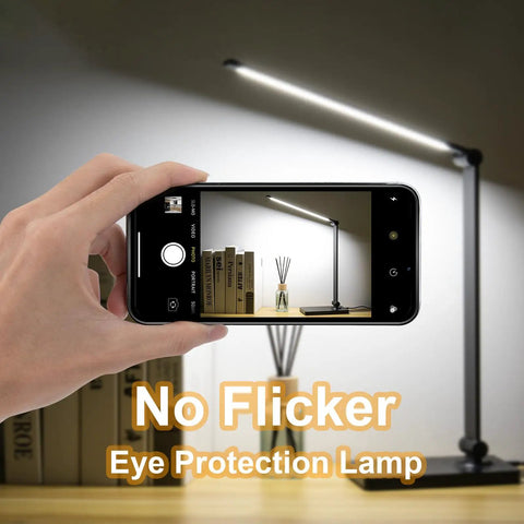 Must Have LED Desk Lamp With Touch Control and eye protection, shown illuminating a desk setup, emphasizing no flicker.