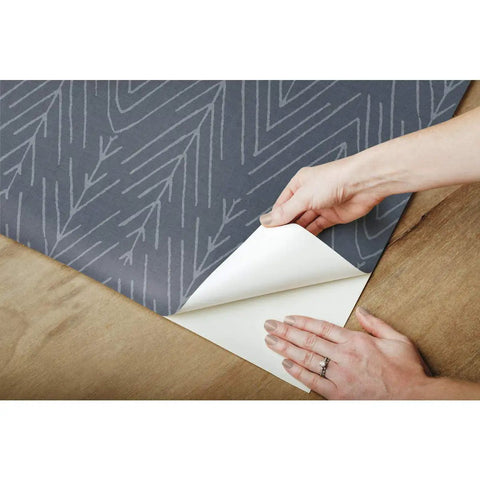 Peeling navy and gray twig hygge herringbone peel and stick wallpaper for easy rental makeovers 20.5 inch wide by 16.5 feet long