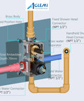 Diagram of wall-mounted installation for Matte Black 8 Inch Rainfall Shower System With Three Function Shower Head And ABS Handheld Spray Luxury Rough In Valve And Trim Included Shower Mixer Faucet.