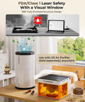 P1 5W Laser Engraver For Beginners next to D3 Air Purifier, enclosed laser cutter with safety window on a desk.