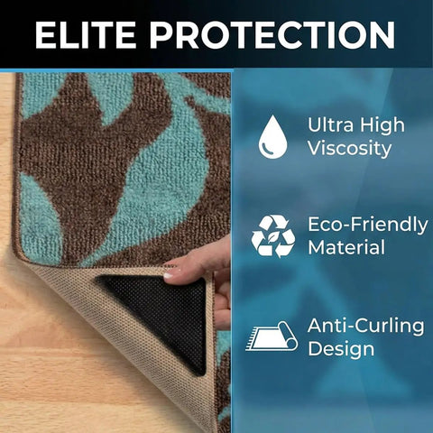 Non Slip Rug Grippers Kit With 12 Reusable Washable Pads For Hardwood And Carpet Floors, showing pad on rug corner preventing curl.