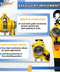 Beefy 3/4 Ton Chain Hoist With 1650 Lb Capacity 10 Ft Lift Manual Lever Hoist shown with safety hand wheel and hooks.