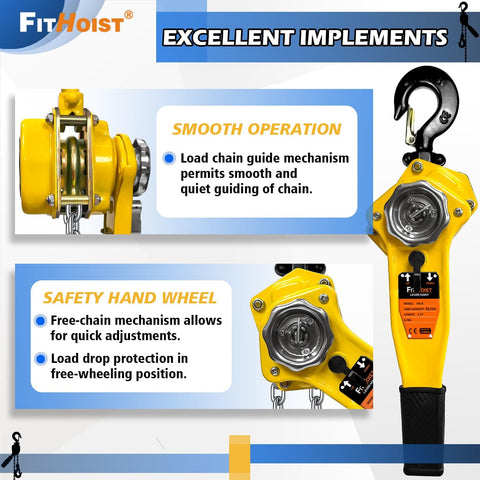 Beefy 3/4 Ton Chain Hoist With 1650 Lb Capacity 10 Ft Lift Manual Lever Hoist shown with safety hand wheel and hooks.