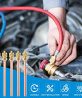 Front view of 20-piece copper service valves kit with brass fittings; hand connects red hose to 2.5 inch stem AC valve