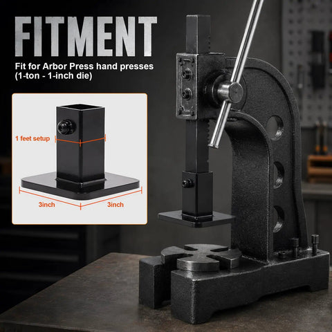 Arbour Press Foot Attachment For Leathercraft And Die Cutting, All Metal Platen, 3x3 Inch Flat Base, shown on black table