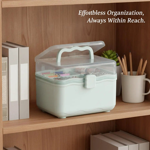 Portable Two Layer Tool Box With Handle For Hardware Beads And Small Parts Storage on shelf with open lid