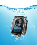 GoPro MAX2 Waterproof Dive Case with 50M depth rating shown underwater, protecting an action camera with a clear PC shell and glass lens.