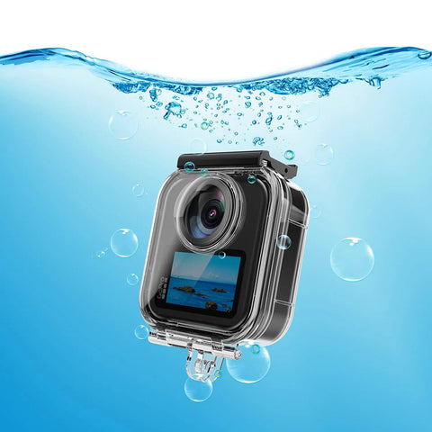 GoPro MAX2 Waterproof Dive Case with 50M depth rating shown underwater, protecting an action camera with a clear PC shell and glass lens.