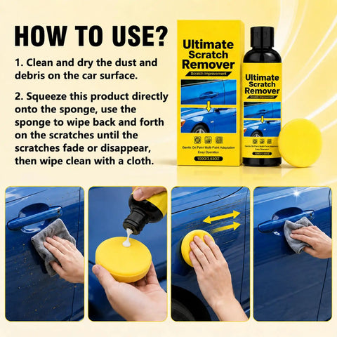 Smooth Ride No Sweat Auto Scratch Remover Paste With Bonus Detailing Sponge shows usage steps for removing scratches on a car.