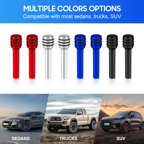4 Piece Red Aluminum Alloy Car Door Lock Knobs in multiple colors for universal cars and trucks, 0.39 by 1.88 inches.