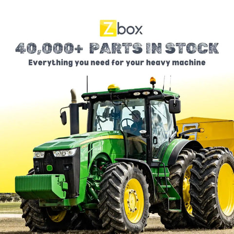 Green tractor with front attachments, large tires, and "40,000+ parts in stock" text, promoting heavy machine parts availability.