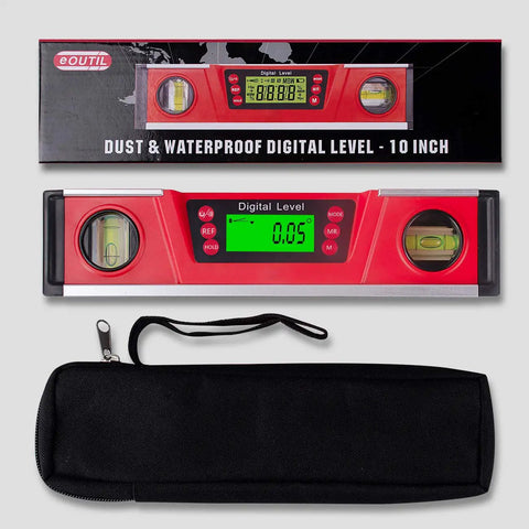 10 Inch Digital Level And Protractor With IP54 Inclinometer, Large LED Backlight Display, Magnetic V Groove Base, in packaging