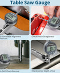 Digital Table Saw Gauge With Dial Indicator 0-1 Inch Range CNC Machined Aluminum Bar checking blade alignment and fence accuracy.