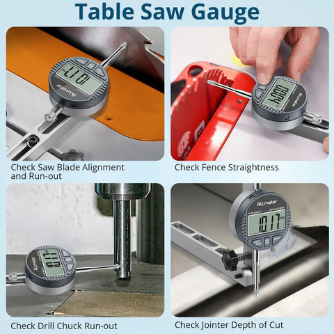 Digital Table Saw Gauge With Dial Indicator 0-1 Inch Range CNC Machined Aluminum Bar checking blade alignment and fence accuracy.