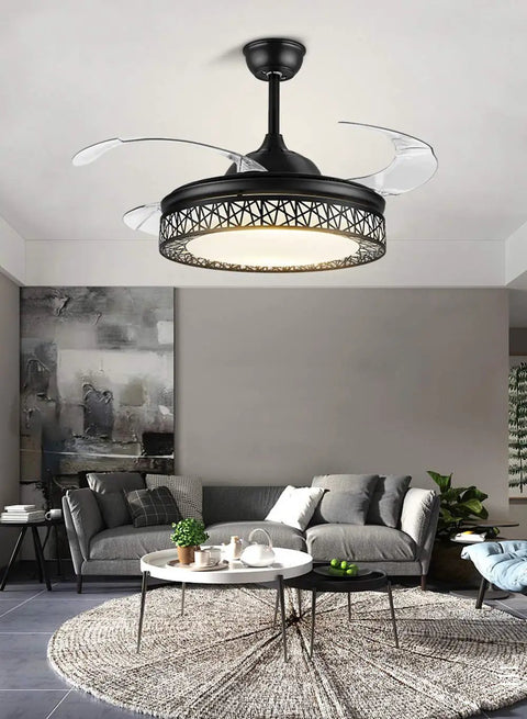 42 Inch Modern Ceiling Fan With Light And Retractable Blades, LED Chandelier Style in living room setting