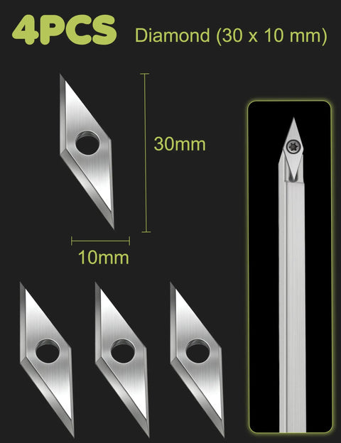 4PCS 30x10mm diamond carbide inserts from 32Pcs Tungsten Carbide Cutters Inserts Set For Wood Lathe Turning Tools Include 11mm Square With Radius, 12mm And 8.9mm Round Heads, 30X10mm Diamond Tip And M4x8mm Screws Replacement Bits