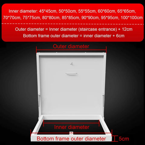 Heavy Duty Roof Access Hatch With Weatherproof Aluminum Frame And Galvanized Steel Plate, dimensions and white frame on black background