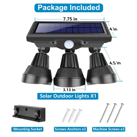 Package contents of Solar Outdoor Motion Sensor Lights With 3 Adjustable Heads, 1000lm LED Flood Light, 7000K, IP65, wireless, all weather