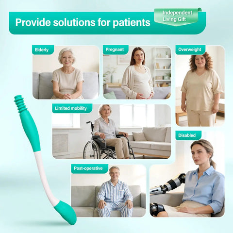 Long Reach Toilet Wiping Aid With Bottom Buddy shown with diverse users, including elderly, pregnant, overweight, and disabled individuals