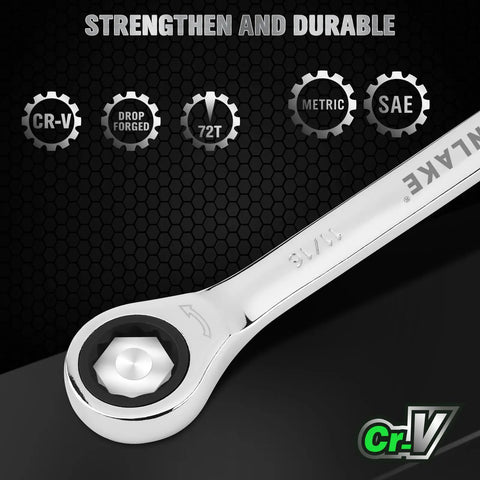 Beast 24-Piece Ratchet Wrench Set for Auto Pros and DIYers with Metric 6-18mm and SAE 1/4 to 3/4 Inch Sizes, Chrome Vanadium detail