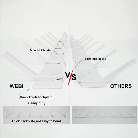 Comparison of a wall mounted coat rack with six heavy duty hooks against competitor's, showing 3mm vs 5mm thickness differences.