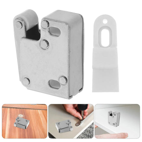Two Pack Stainless Steel Kitchen Cabinet Door Catch Latch With Soft Closing Roller Mechanism for Handleless Cabinets shown installed