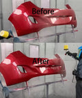 Featherlight Pneumatic Spray Gun With Hard Anodized Aluminum Body used on a car bumper before and after painting.