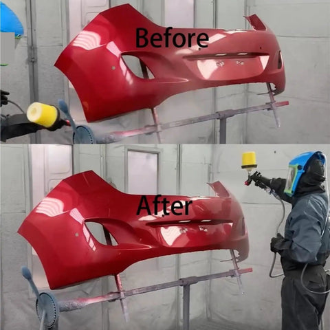 Featherlight Pneumatic Spray Gun With Hard Anodized Aluminum Body used on a car bumper before and after painting.