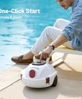 Man starting Cordless Robotic Pool Cleaner With 100-Minute Runtime, Dual Suction Ports, by poolside, showcasing easy operation