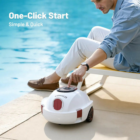 Man starting Cordless Robotic Pool Cleaner With 100-Minute Runtime, Dual Suction Ports, by poolside, showcasing easy operation