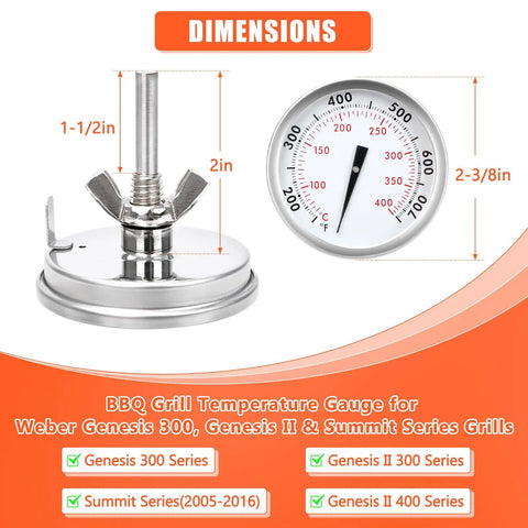 Spot On Accurate Grill Thermometer Replacement For Genesis 300 Series, Genesis II 300/400 Series, Summit Grills And E/S 310 330 Temperature Gauge Center Mount 2-3/8 Inch Diameter with dimensions shown beside.