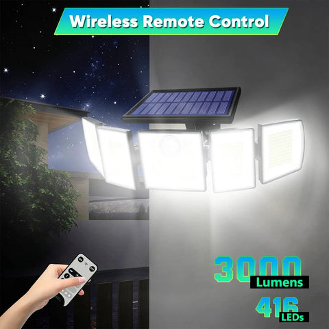 Ultra Bright Solar Motion Flood Light Outdoor Waterproof With 416 LEDs, 3000 Lumens, 360-Degree Illumination on wall
