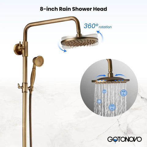 Exposed Bathroom Shower Faucet Set With 8 Inch Rainfall Shower Head And Handheld Shower, Antique Brass Finish