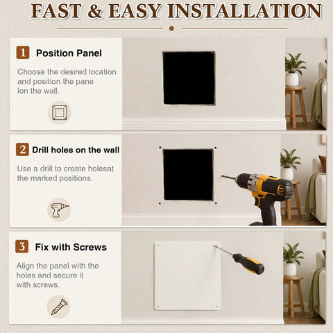 Installation guide for Heavy Duty 4 Pack 17X17 Inch Plastic Drywall Access Panel And Wall Hole Cover, showing fast steps.