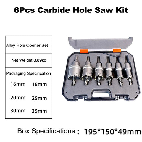 Heavy Duty Hole Saw Kit With Carbide Tipped Bits For Stainless Steel Cutting. 6-piece alloy set in case, 16-35mm