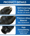 Close-up of black alloy 3-jaw chuck, fits 1/32"–1/8" shanks, ideal for Dremel rotary tools. Brass Collet Set For Your Rotary Tool, 16 Pcs Drill Chuck And Collet Nut Kit, Easy Keyless Quick Change Accessory, Compatible With Dremel 3000 4000, 0.8 To 3.2 mm Shank Range.