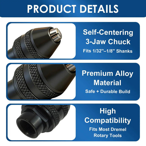 Close-up of black alloy 3-jaw chuck, fits 1/32"–1/8" shanks, ideal for Dremel rotary tools. Brass Collet Set For Your Rotary Tool, 16 Pcs Drill Chuck And Collet Nut Kit, Easy Keyless Quick Change Accessory, Compatible With Dremel 3000 4000, 0.8 To 3.2 mm Shank Range.