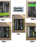 Box of black 6mil nitrile gloves, large size; heavy-duty gloves with green accent, shown front, sides and top