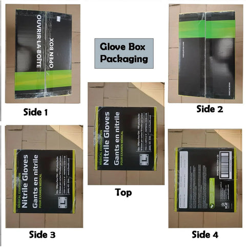 Box of black 6mil nitrile gloves, large size; heavy-duty gloves with green accent, shown front, sides and top