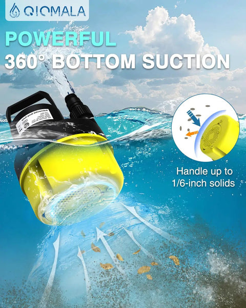 Beefy 1 HP Submersible Sump Pump, 3200 GPH Portable Utility Water Pump for clean or dirty water with 360° suction, underwater view