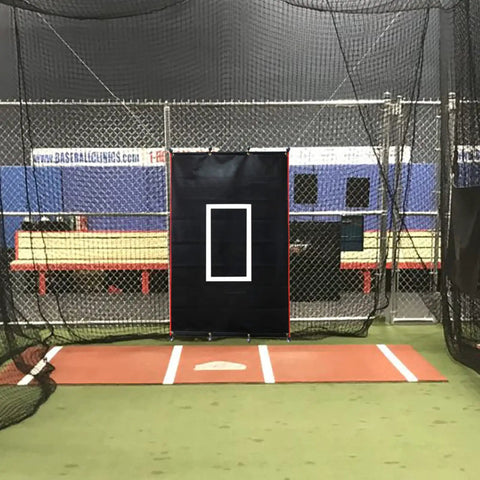 Heavy Duty PVC Strike Zone Backstop For Baseball Pitching And Batting Cage Protection 4x6 Feet Rectangular displayed in batting cage