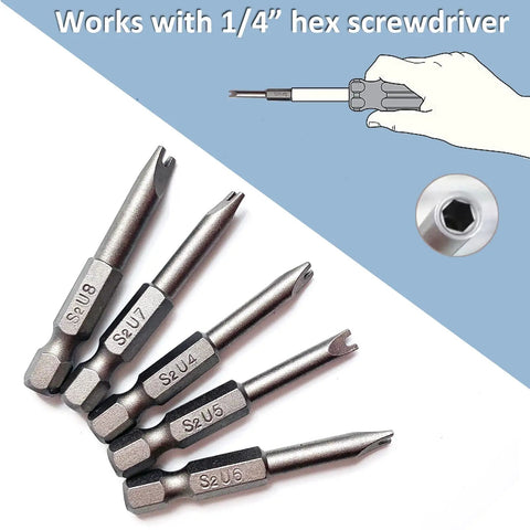 Heavy Duty U Shaped Spanner Screwdriver Bit Set, 5 Piece S2 Steel Magnetic Power Drill Kit with 1/4 Inch Hex Shank Driver Bits.