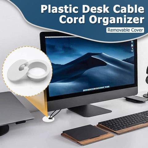 Game Changer 8 Piece Bundle White Desk Grommet Kit Featuring Detachable Cable Hole Cover And Heavy Duty Bi Metal Drill Bit For Hassle Free Cord Routing And A Top Tier Home Office Makeover, showing white plastic desk cable organizer with removable cover.