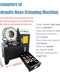 No Hassle Electric Hydraulic Hose Crimping Machine With 10 Die Set For 0.24 To 2.01 Inch Fittings AC 220V Single Phase Shop Press Tool showing specifications and features.